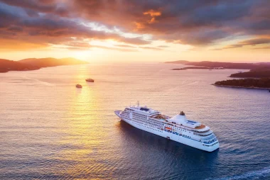 Croatia. Aerial view at the cruise ship during sunset. Adventure and travel.  Landscape with cruise liner on Adriatic sea. Luxury cruise. Travel - image