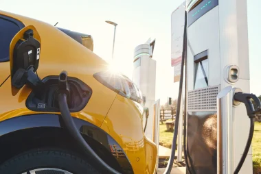 Plugged in electric car in at a EV charging station using a rapid-charger