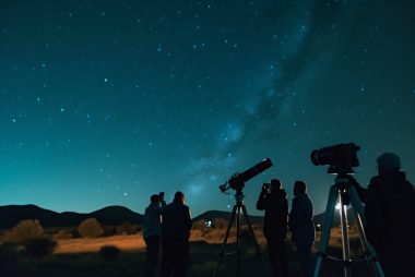 A group of people star gazing in a field with a focus on the sky